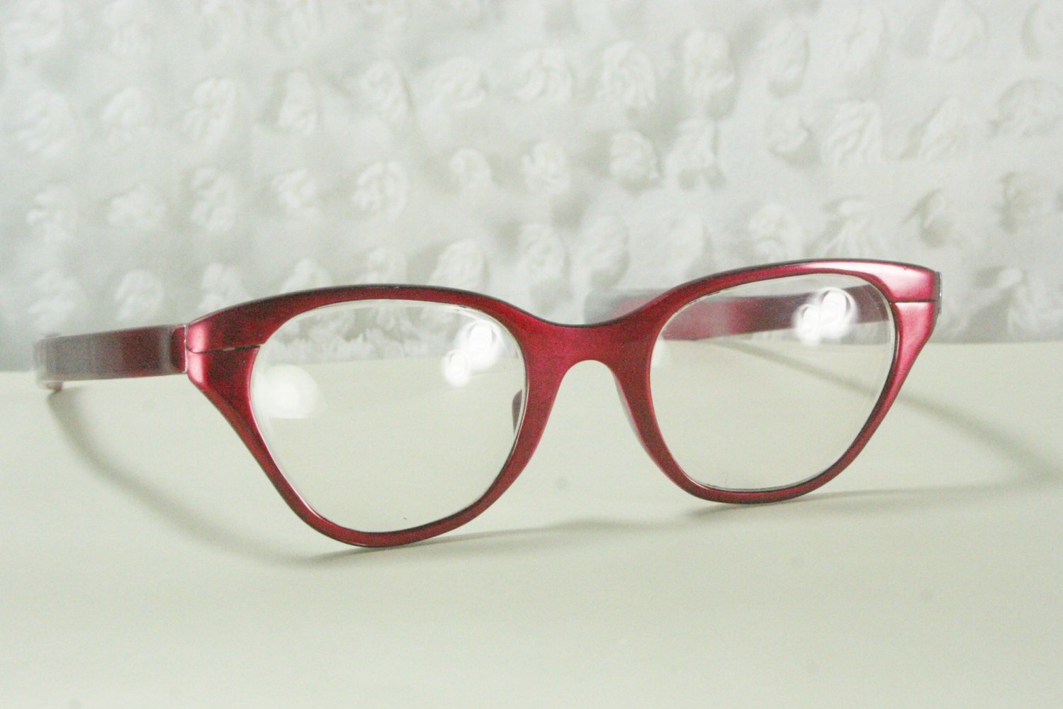 Vintage Tura 50s Cat Eye 1950's Metal Eyeglasses Aluminum Red Satin Space Age Designer Brand 46/20 Optical Frame