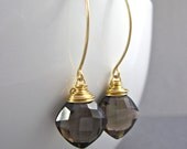 Smoky Quartz Dangle Earrings in 14K Gold Fill, Brown Gemstone Earrings, Wire Wrapped Quartz Earrings