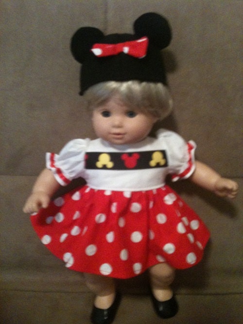 15 inch doll (modeled by Bitty Baby) Minnie Mouse dress,and mouse ears