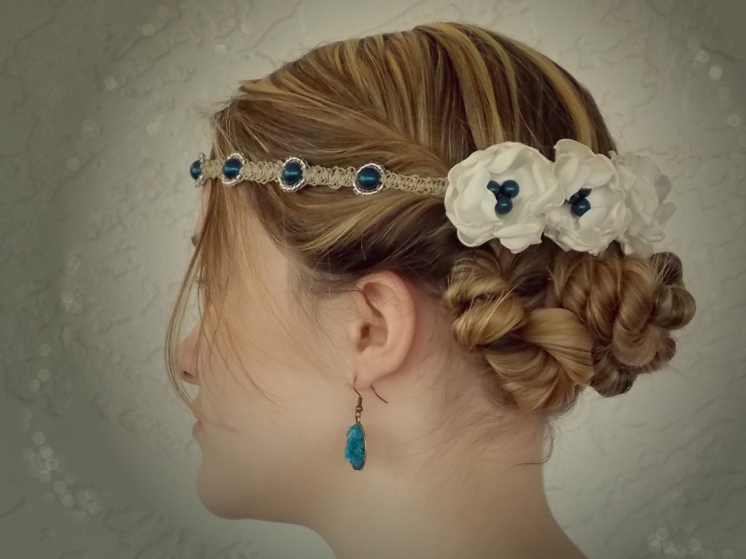 Bridal Headband Bohemian Wedding Head Piece Floral Crown Braided Hemp Hippie Headband Ivory Bridesmaids Bridal hair accessories