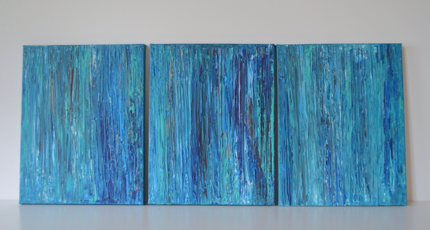 14x33 Multi Panel Abstract Earthy Zen blue teal copper sea green by MyImaginationIsYours
