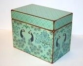 Recipe Box - Teal and Navy Peacock Print Handmade 4x6 Wooden Recipe Box Address File Wedding Guest Book Box