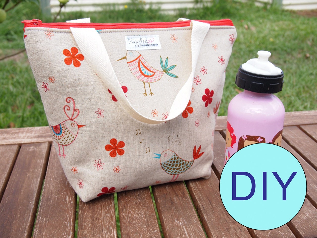 DIY Make-It-Yourself Insulated Lunch Bag Kit with Detailed Pattern - Red Linen Birds