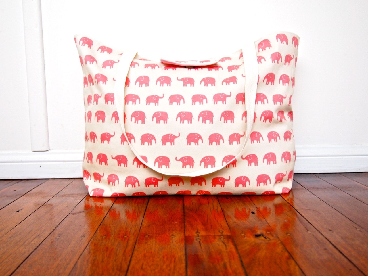 Choose Your Colour: Extra-Large Beach Tote Bag / Nappy Diaper Bag with Built-in Wet Bag Pocket - Elephants (Made to Order)