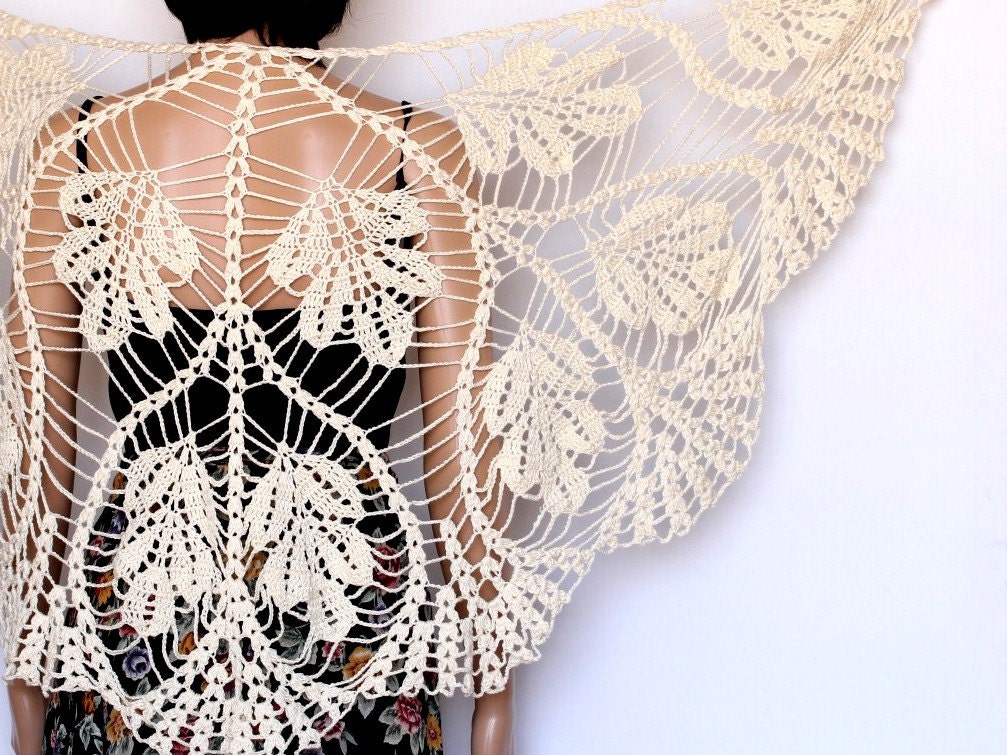 Cream Wraparound Shawl, Crocheted Scarf , Womens Clothing Accessories