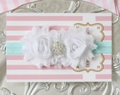 15% off..White n aqua Baby Headband..Baby Girl Headbands..Baby Bow Headbands..Shabby Chic Flower Headband.BabyHeadband. Newborn.Toddler Girl
