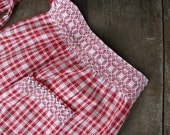 Vintage Apron, Half Apron, Traditional Red & White Gingham with Hand Cross Stitch Embroidery.