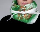 Nuno felted scarf shawl green white brown floral
