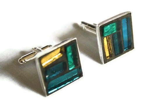 Blue, Green and Gold Glass  Mosaic Cufflinks, Men's Accessories, Cuff Links, Glass Mosaic