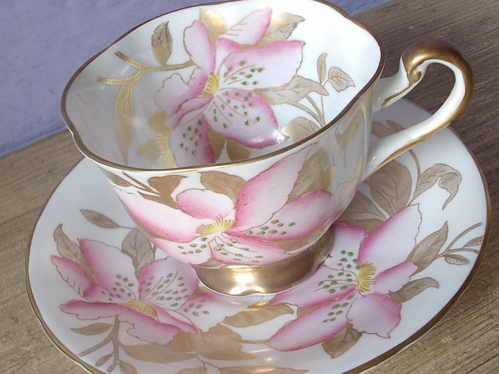 Antique pink and gold tea cup set, vintage Royal Chelsea hand painted English tea set, pink gold white bone china tea cup wedding gift