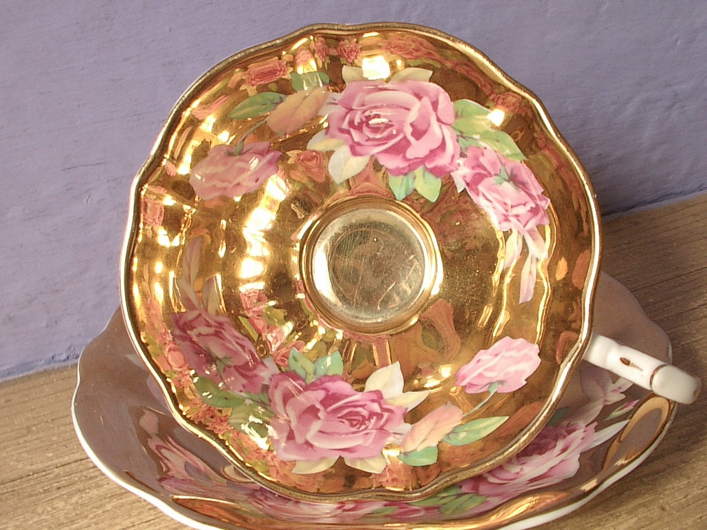 Antique gold tea cup and saucer set, vintage Queen Anne English tea set, pink rose bone china tea cup