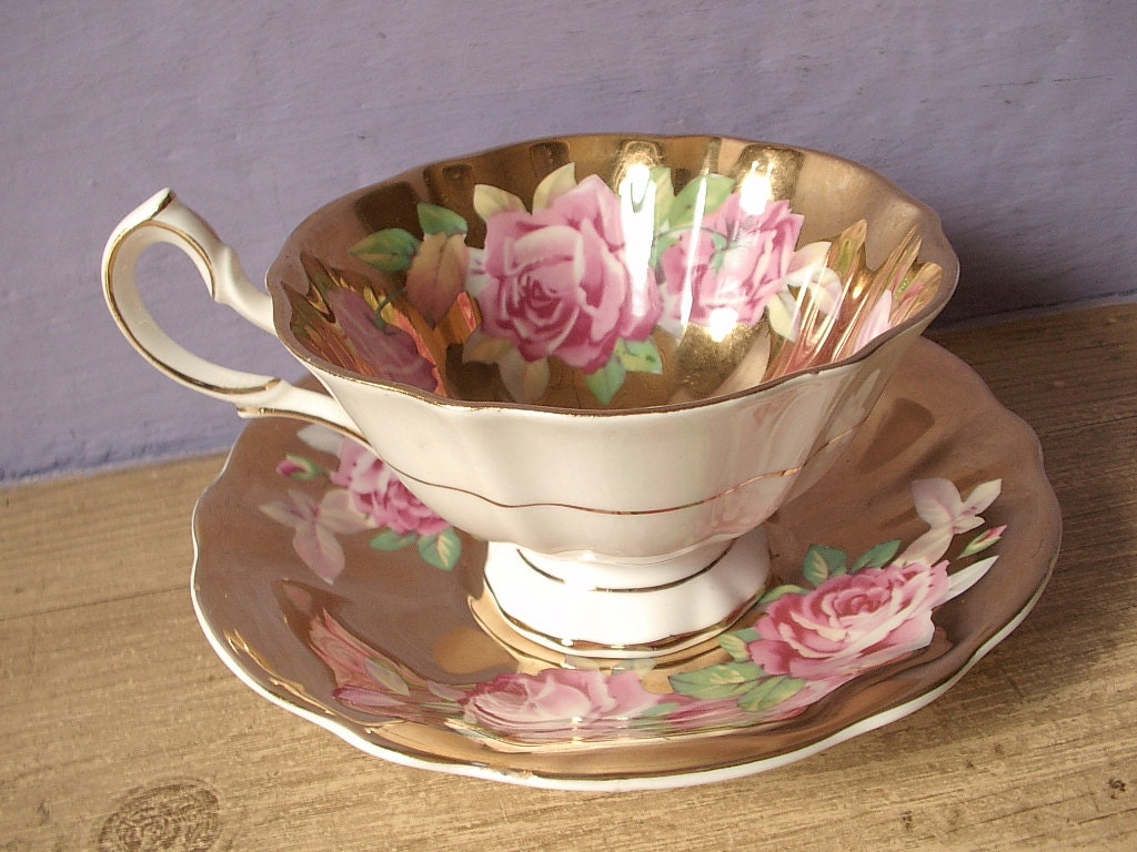 Antique gold tea cup and saucer set, vintage Queen Anne English tea set, pink rose bone china tea cup