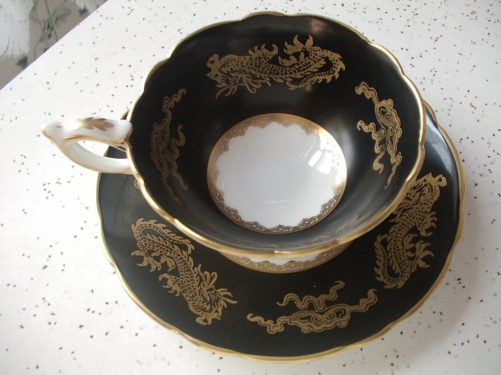 Antique gold dragons tea cup, Vintage 1950's Royal Stafford English tea set, black and gold bone china tea cup, black tea cup