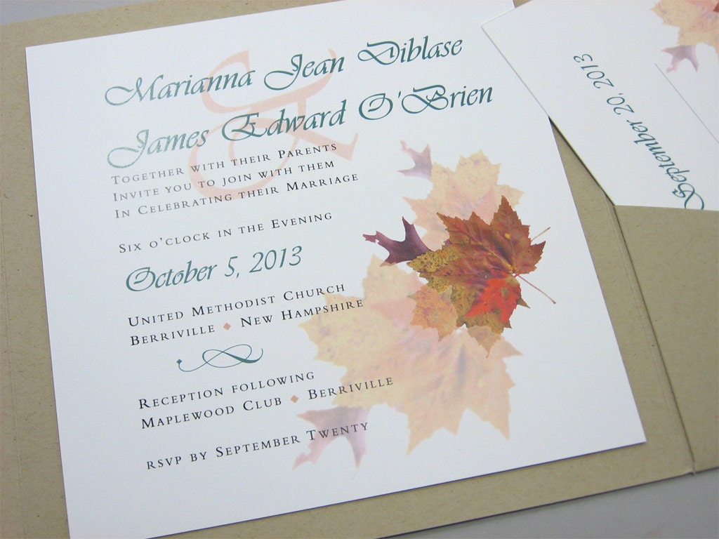 Fall Wedding Invitation Pocketfold Autumn Leaves Recycled Pocket Custom Invite Casual Square Pocket Green Brown Rust