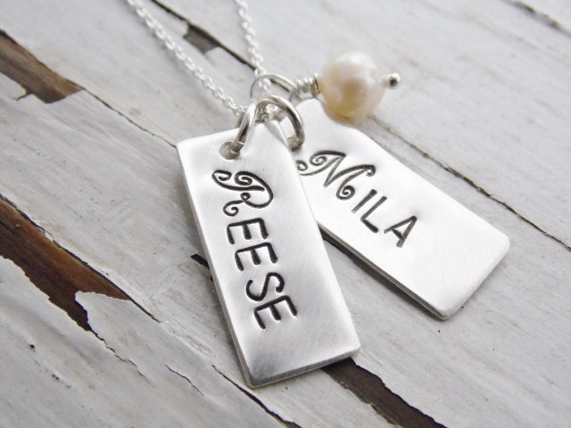 Hand Stamped Mother Necklace Sterling Silver Tag Necklace with Kids Names