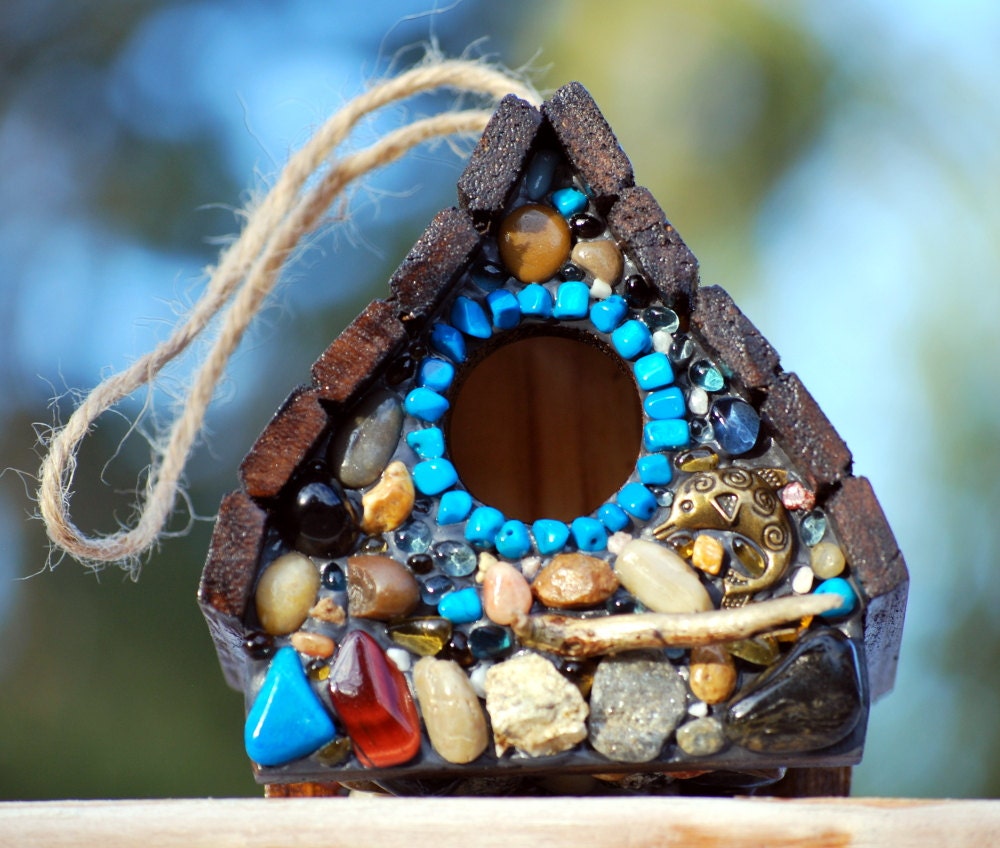 Turquoise Mosaic Wren Birdhouse with Bronze Dolphin Charm