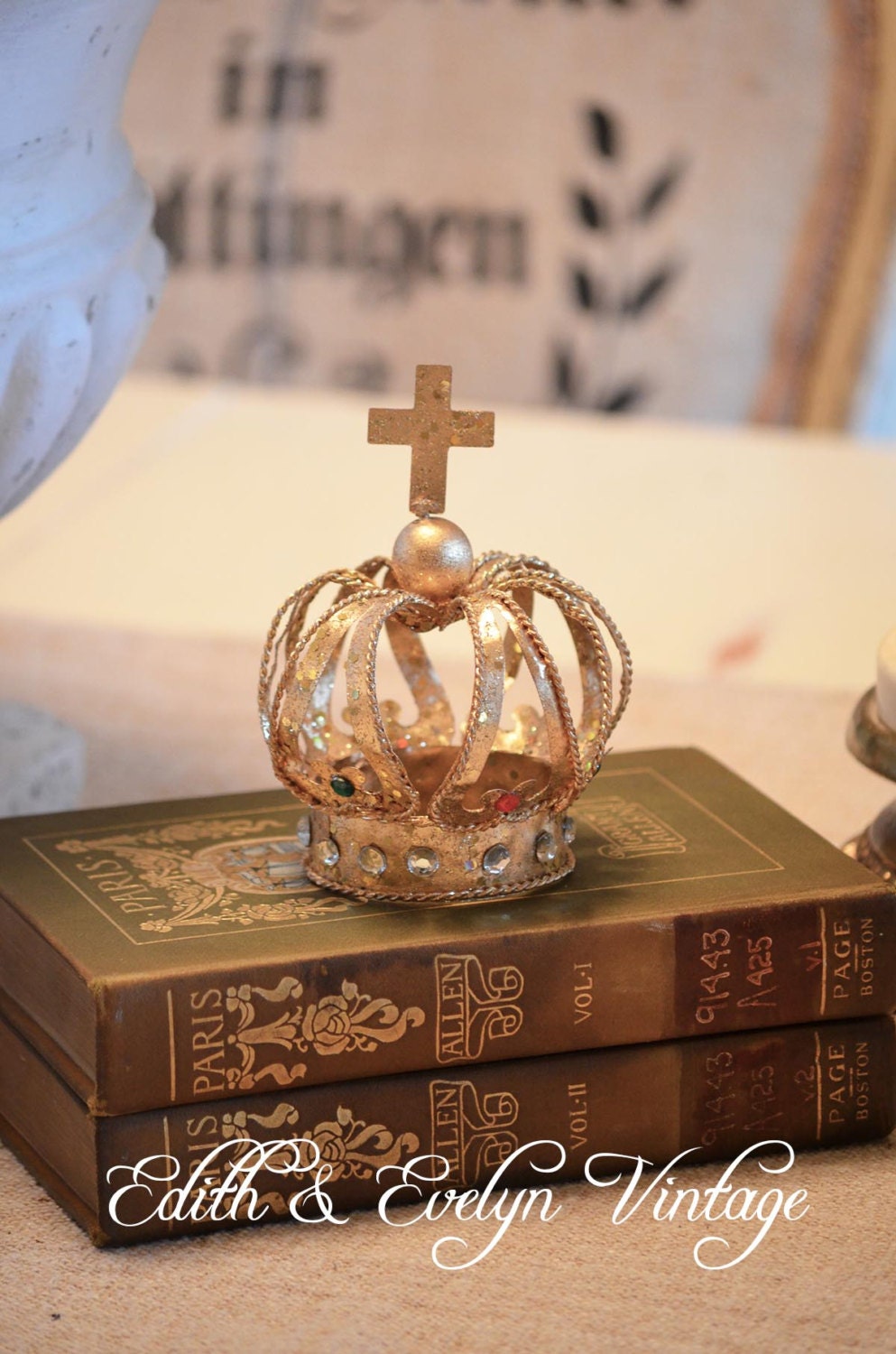 Gold Metal Statue Crown, Santos Crown, Rhinestones, Gold Metal, Cross