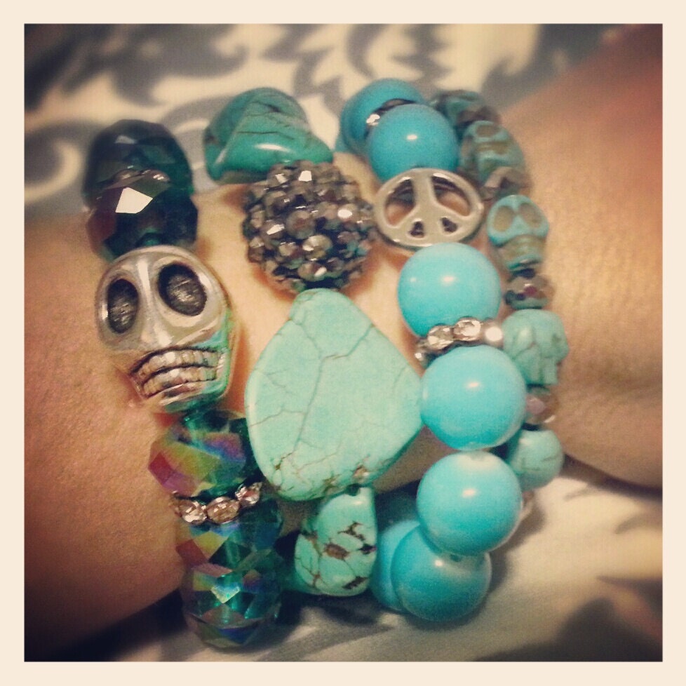 Set of Turquoise beaded bracelets, Silver skull, swarovski crystals