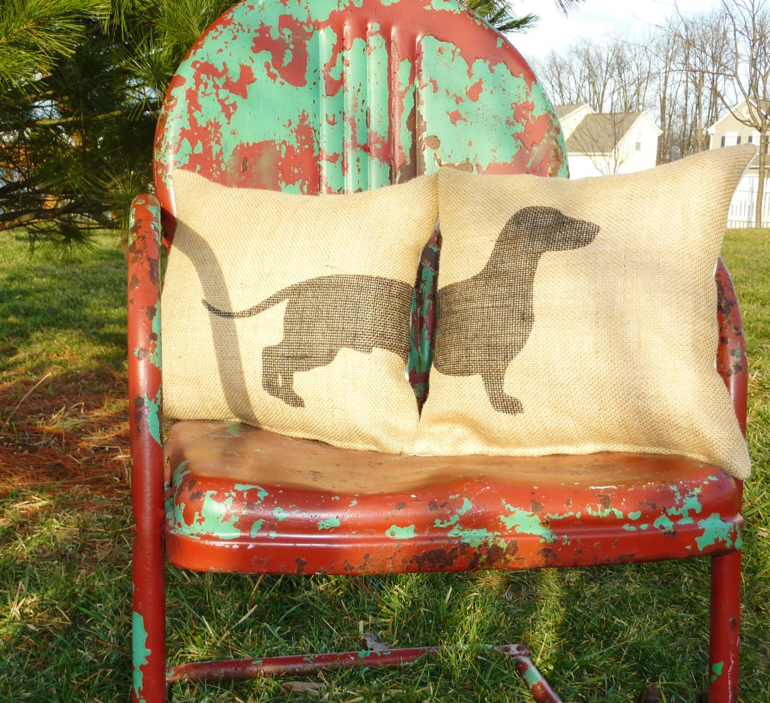 Handmade Stenciled Dachshund Silhouette Burlap Pillow Two Piece Set-Inserts Included