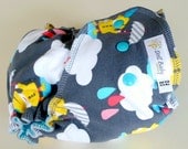 Fitted Diaper in Rain Drops - OS 12lbs-35lbs - serged aqua cv