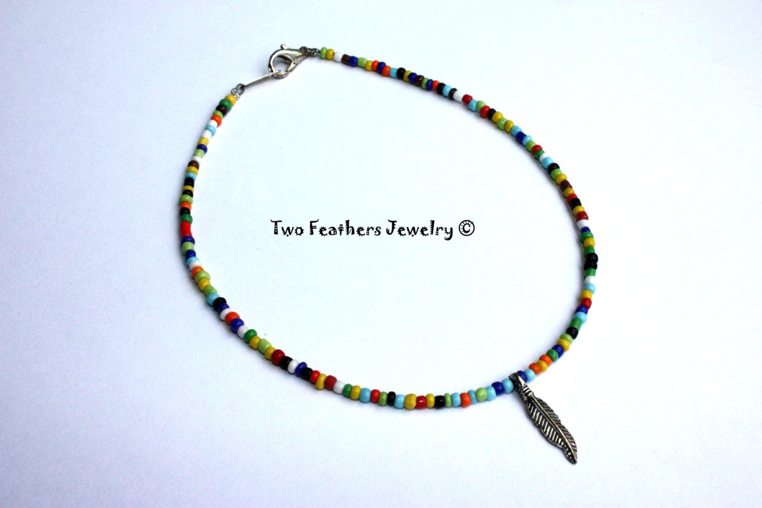 Feather Anklet - Beaded Anklet - Multicolor Anklet - Rainbow Anklet - Seed Bead Anklet - Boho - Tribal - Gift For Her - Ankle Bracelet