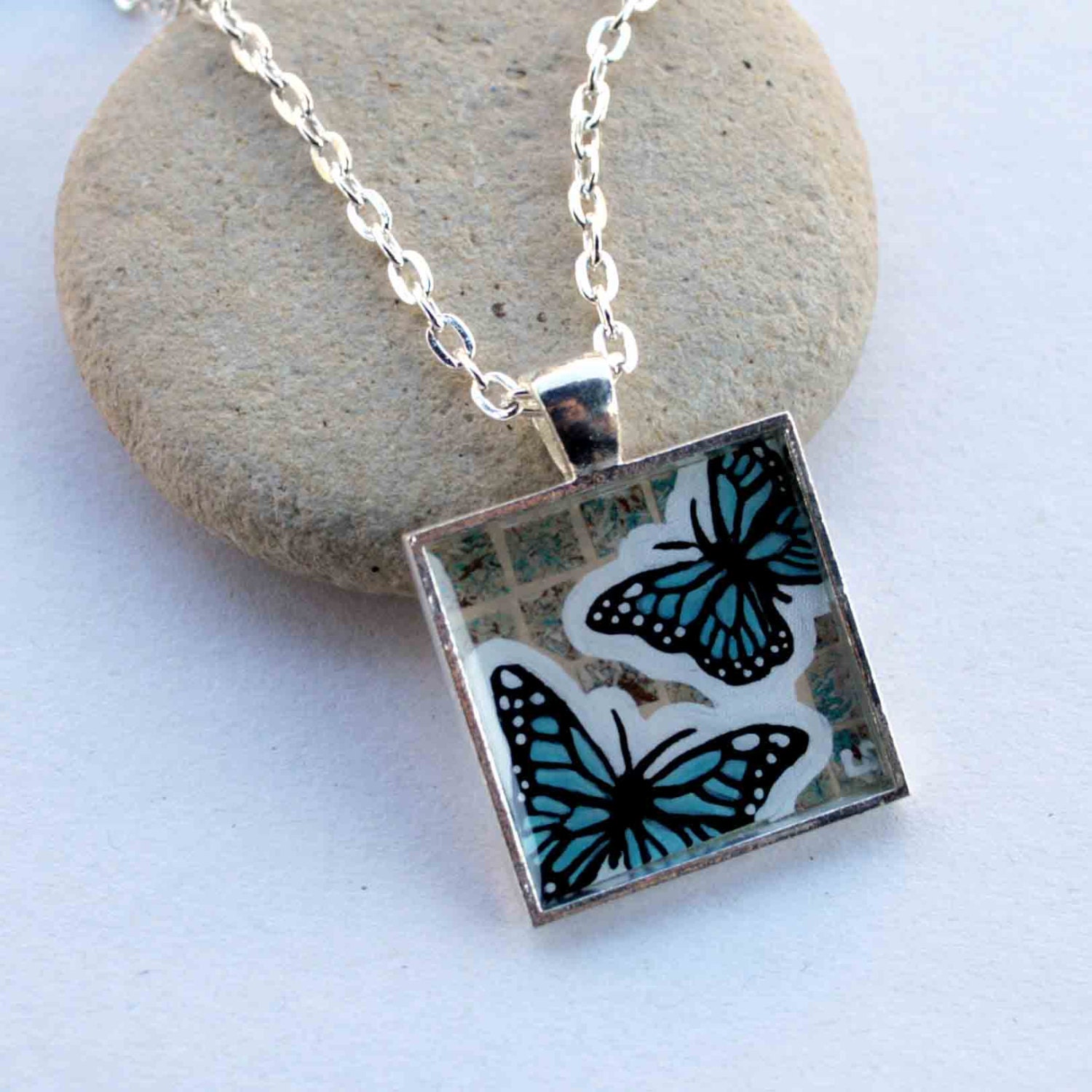 Blue Butterflies Original Art Pendant by Lauren Snyder-Recycled Paper Mixed Media Mosaic Art