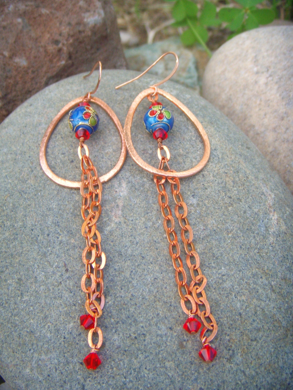 Copper Chain Earrings - Cloissone Copper Earrings - Long Dangle Earrings - Cloissone Earrings - Blue Red