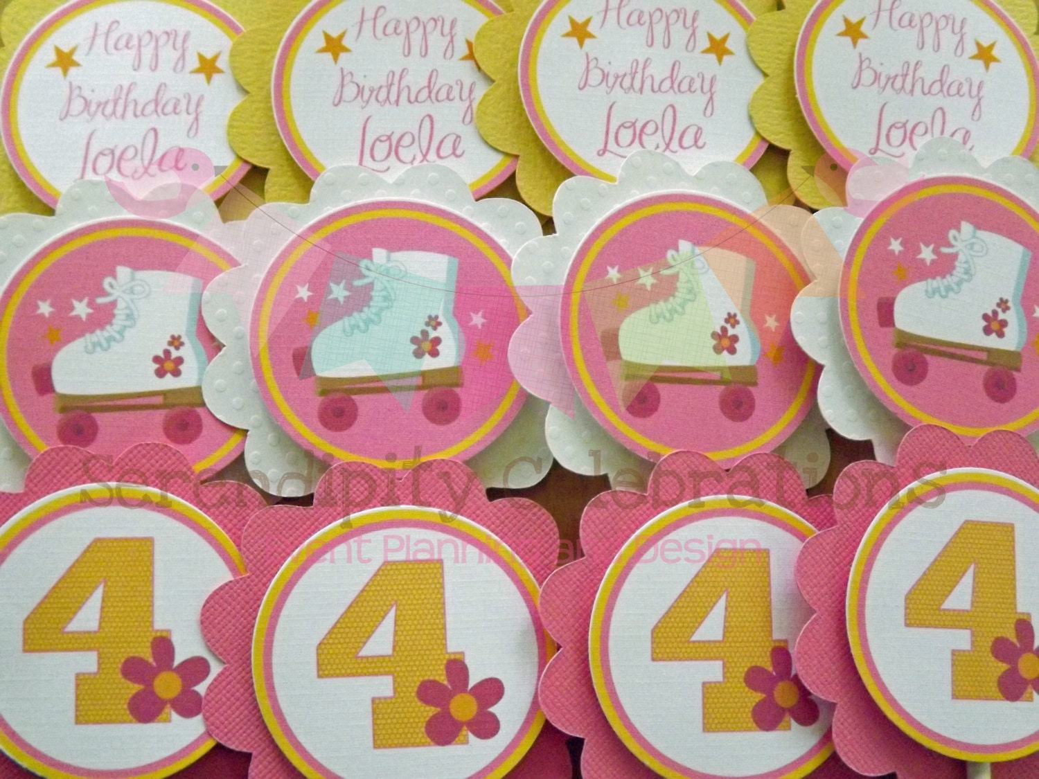 Yellow, Pink, White Rollerskate: Cupcake Toppers Il_570xn