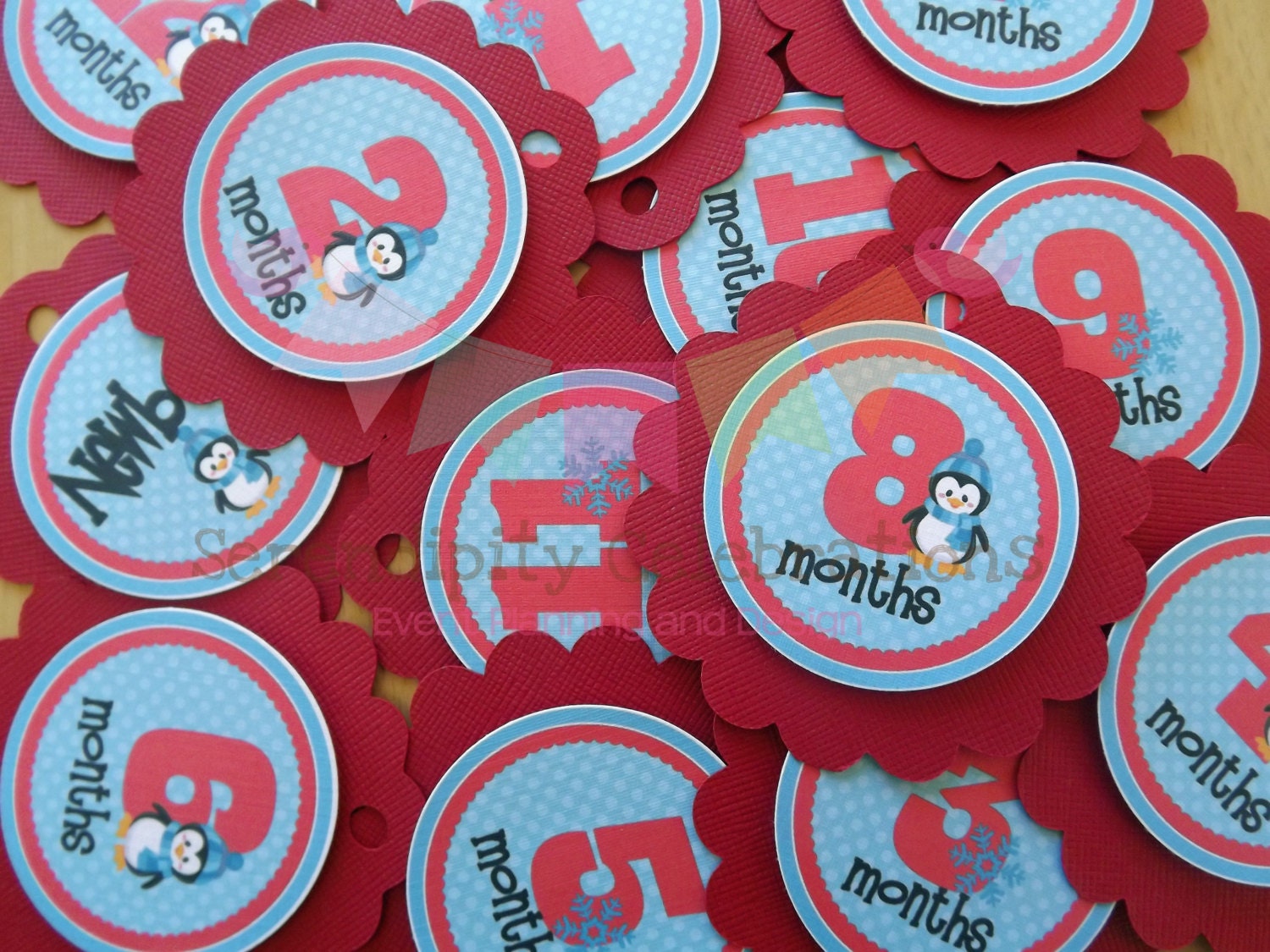 Red and Blue Penguin Winter Onederland Baby's 1st Year Tags Il_570xn