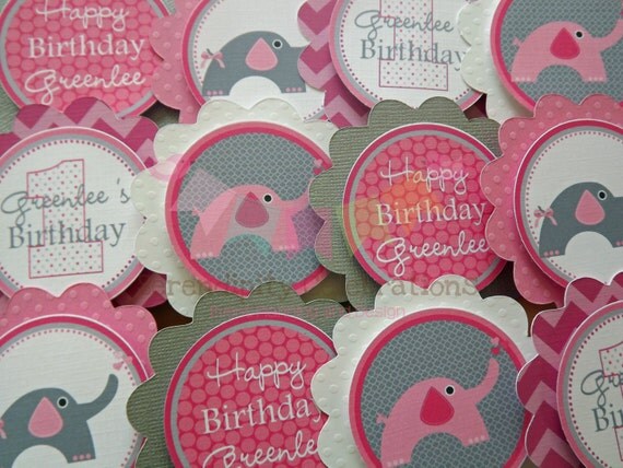 Set of 12 Personalized Pink and Grey Elephant Heart Cupcake Toppers - Elephant Birthday -Elephant Party -Elephant Il_570xn
