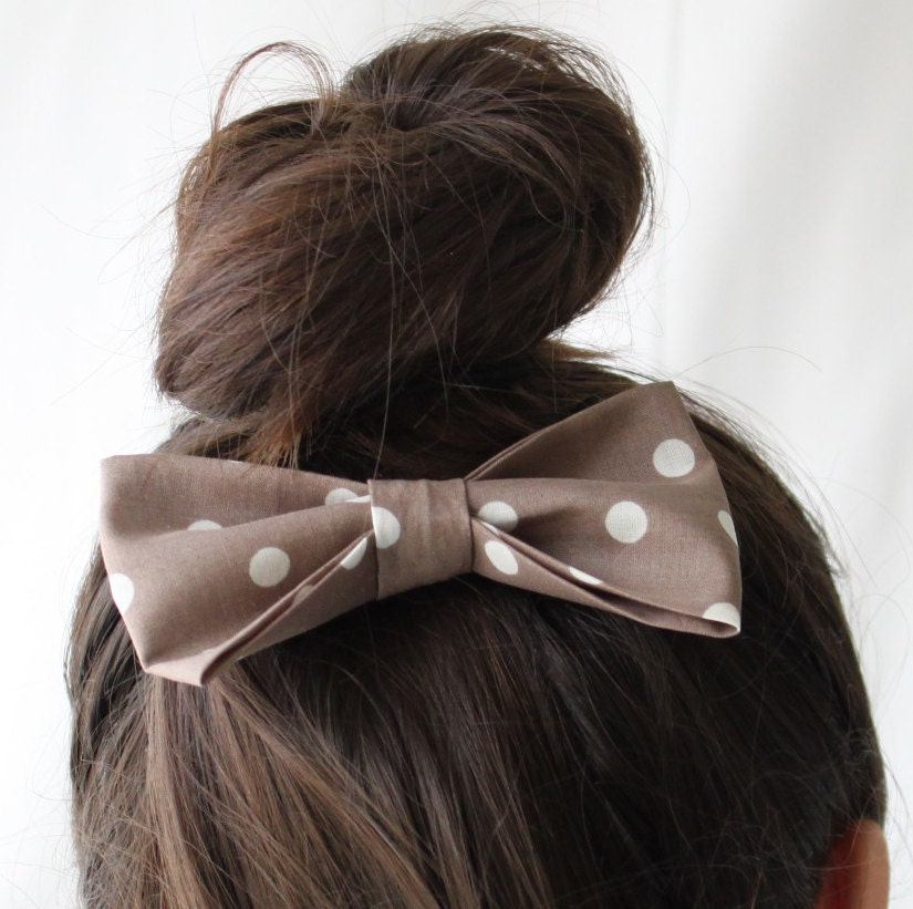 Large Fabric Hair Bow Mocha Dot- Hair Clip