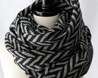 Infinity Scarf Jumbo Herringbone - Black and Gray - Oversized Scarf