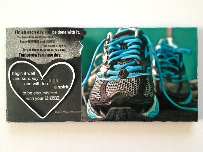 Inspirational Running Art Sign - Original 6 x 12 Print Collage on Wood - Ralph Waldo Emerson Quote - Finish Each Day - Gift idea for Runners