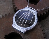 Skeleton Hand Pendant "Vault" Shadow Box Robotic Hand Necklace Reliquary Watch Stem Sculpture in Watch Case A Mechanical Mind Relic