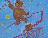 Outer Space Ship Teddy Bear Stars Saturn Baby Quilt Blanket Quilted Reversible  Dots Binding