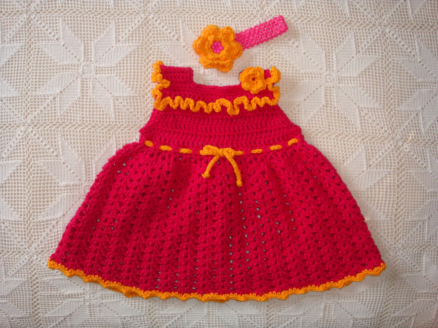Bright Pink 100% cotton Crochet Sleeveless Dress with matching Flower Headband