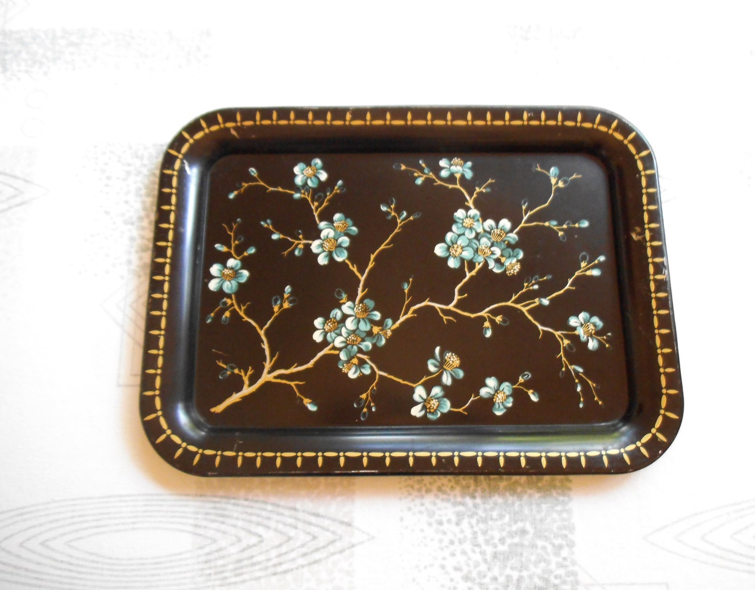 Vintage TV TRAY - 1950s Metal Serving Tray - Blue Cherry Blossom Sakura on Black