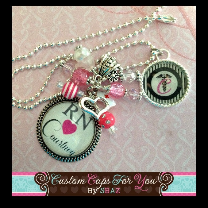 PERSONALIZED Name, Initial or Acronym Glass Bezel Pendant With Additional Custom Charm Necklace Or Keychain With Matching Beads