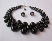 Onyx color acrylic and glass beaded tripple loop style fashion necklace with matching onyx color glass beaded earrings