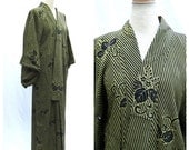 Antique Silk Kimono. Japanese Meiji / Taisho Era Robe. Gold Green Black Stripe Floral Art Deco (Shop Ref: 141)