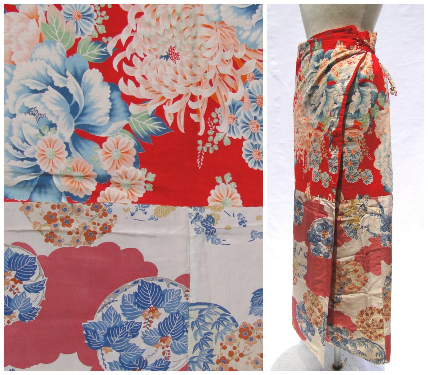 Antique Japanese Cotton and Silk Koshimaki Wrap Around Skirt. Red Blue Floral Fabric Throw, Wall Hanging or Curtain (Shop Ref: 323)