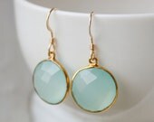 Round Faceted Bezel set Sea Foam Blue Chalcedony Earrings in 22k Gold Vermeil