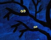 Original Painting Acrylic on Canvas Board 9x12 Dark Blue Sky Black Tree Glowing Eyes Surreal Dark Jewel Tones Art by LadyAlchemy13