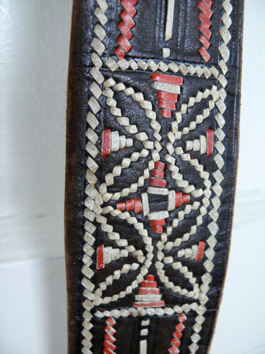 Vintage 70s Leather Belt, Woven Belt, Tribal Native Decorative Woven Pattern