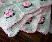 Vintage Crocheted Baby Afghans Blankets, Crocheted Rose Blanket, Pink Flower Blanket