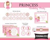 Princess Birthday Party Package PRINTABLE DIY Personalized (Brown/Brunette/Blonde) - Invitation, Party Circle, Banner, etc