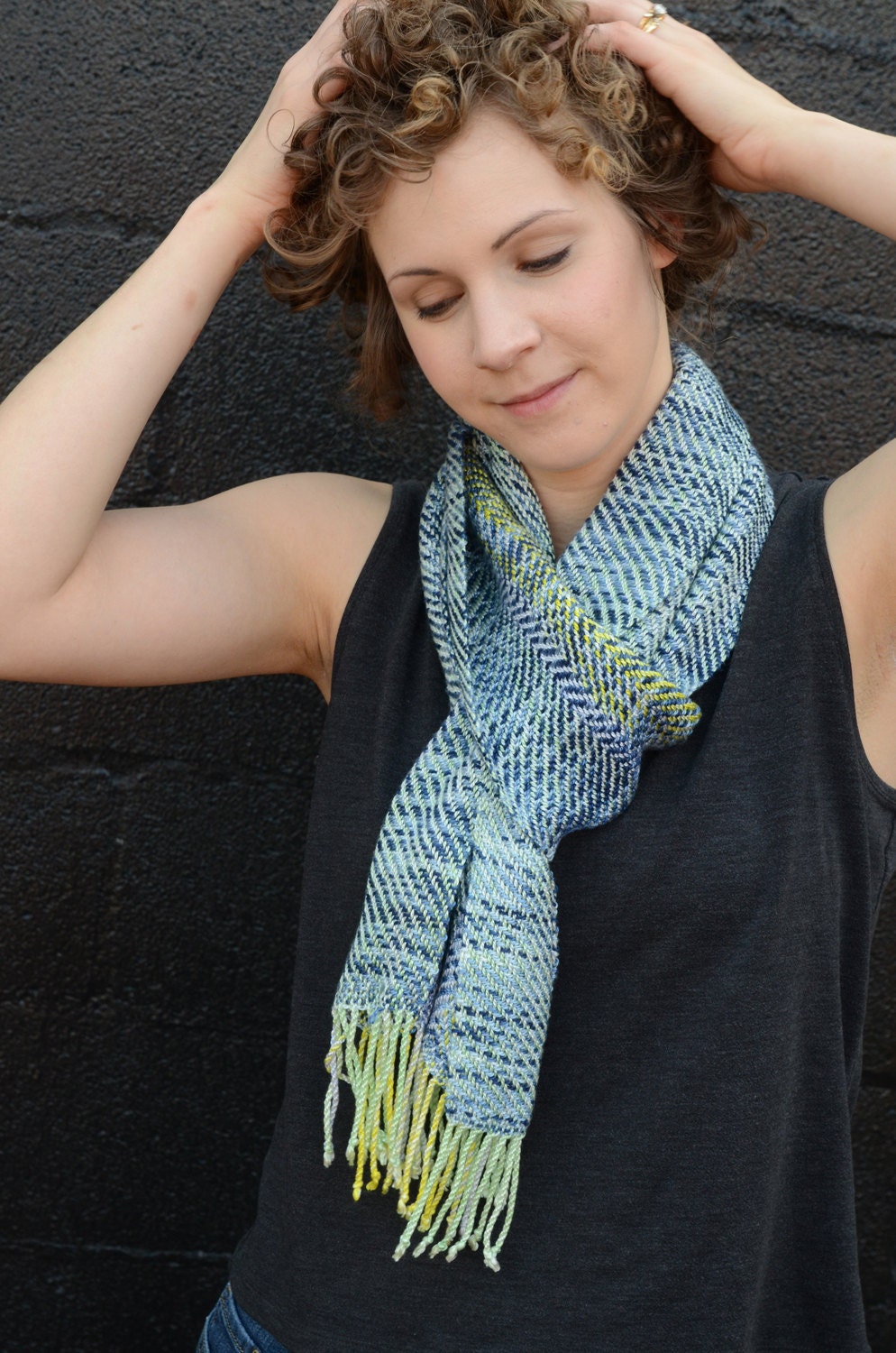 Handwoven and Hand-dyed Navy and Yellow Rayon Scarf