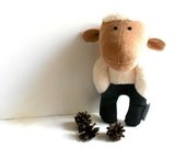 Stuffed sheep soft toy lamb softie sheep plushie rag doll stuffed animal white navy blue denim jeans 22 cm 8.6"