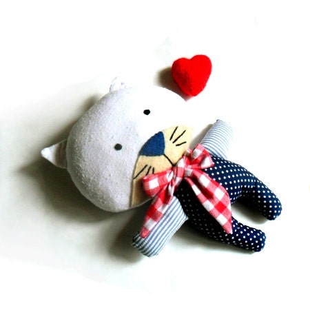 Stuffed toy cat softie kitty rag doll plushie kat soft toy stuffed animal handmade doll toy blue white red 25 cm 9.8"