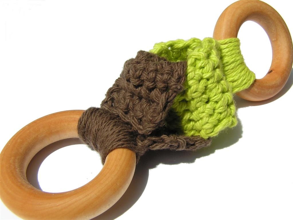 Wood Teething Toy Rings - Crocheted Cotton - Organic Sunflower Oil finish - LittleTadpoleDesigns